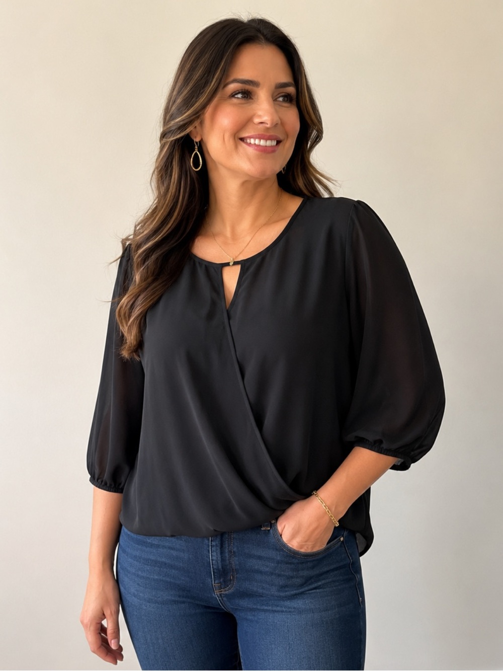 Vince Camuto Black Surplice Keyhole Puff-Sleeve Blouse